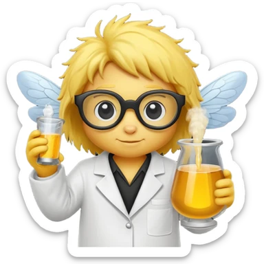 a bumblebee wearing a white lab coat holding a beaker sticker