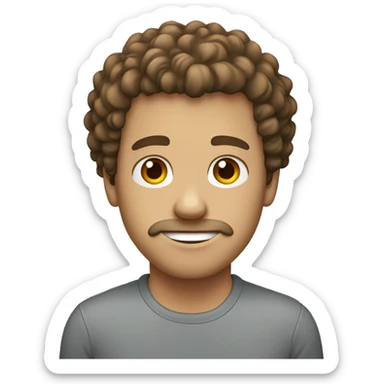 A white guy with a brown mod cut curly hair and a grey shirt sticker