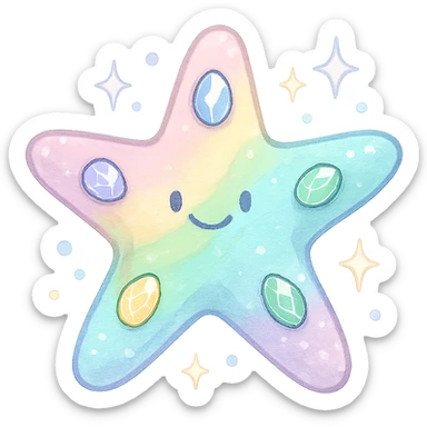 stylized sea star, pastel rainbow, sparkling jewels, soft highlights, slightly cartoonish, no background sticker