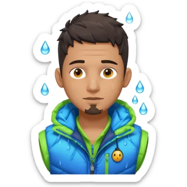 Cyberpunk street adult, hispanic, male, messy undercut, puffer vest over hoodie, glowing earpiece, light stubble, brown eyes, neon reflections, raindrops, dark background. sticker