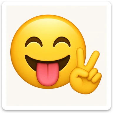 Yellow face iPhone emoji, tongue sticking out, putting up a peace sign sticker