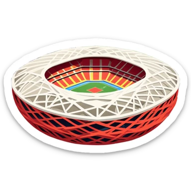 Beijing National Stadium Bird's Nest Olympic structure, simplified emoji style with bold outlines and bright colors, cartoon style modern nest-like building sticker
