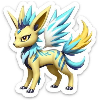 Shiny colorful exotic Feral Scaly Striking Slaying Badass Evil Handsome Lightning-patterned Zig-zagged buzzy fuzzy Meloetta-Renamon-Luxray-Cobalion-Suicune-Vernid-fusion-hybrid-creature, full body  sticker