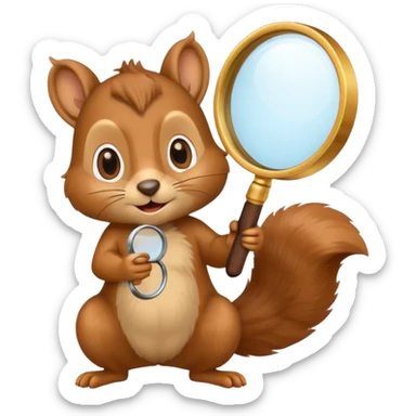 a cute real squirrel standing or sitting, holding a huge magnifying glass, emoji style sticker