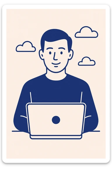 a white man in front of a laptop, minimal flat style sticker