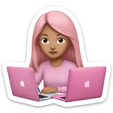 Mujer lacia peli larga y peli larga  en una MacBook rosa investigando y haciendo tareas con un libro de apuntes y con cara muy linda como modelo sticker