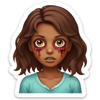 Garota zumbi com cabelos castanhos ondulados médio, olhos castanhos grandes e cílios longos  sticker