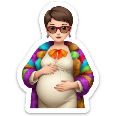 pregnant stylish woman with short pixie brunette hair happily touching her big belly while wearing white dress and fancy brown fur coat and colorful shades sticker