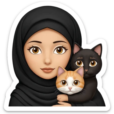 A Arabic woman human with brown eyes and black hijab. , the human is a human no cat ears, two cats, the both cats have the colour black and white in the same colour, not orange cat,  NO CAT EARS ON THE HUMAN ,  sticker