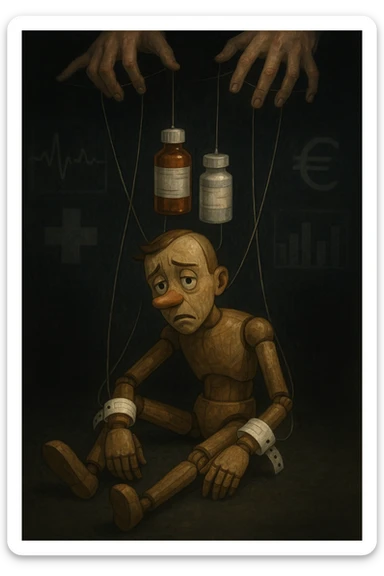 a marionette puppet with hospital bracelets and medication bottles as strings is controlled by unseen hands from above. The puppet’s face shows confusion and fatigue, representing the feeling of being managed by an invisible system. The background is dark, with faint images of medical charts and euro signs. in italiano sticker