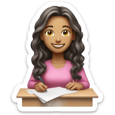 young woman, pink、long hair, smiling, white skin,and is a freelancer about writing paper. sticker