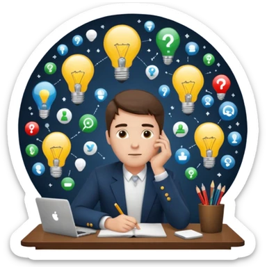 a man sitting at a desk, head resting on hand, imagining future careers, lightbulb and icons above head sticker