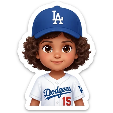 indian toddler girl in a white dodgers uniform with baseball cap curly brown short hair and dark brown eyes sticker