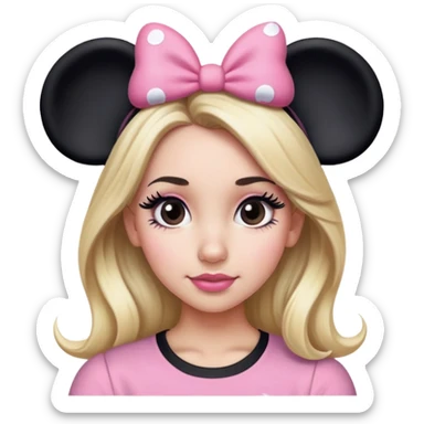 Woman with long blonde hair, brown eyes, brown eyebrows, blush cheeks with pink and black Minnie mouse ears with pink and black Minnie mouse shirt with long black eyelashes sticker