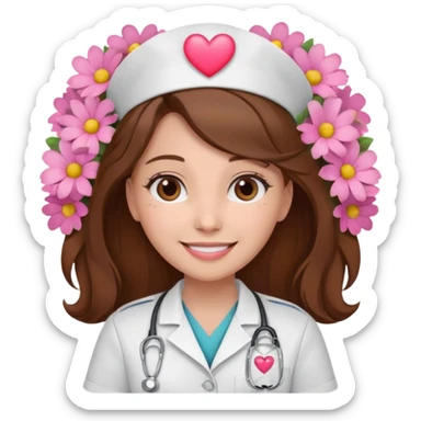 Brown hair Nurse with pink heart and flowers surround her head sticker