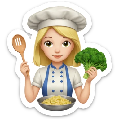 Girl cooking pasta for the first time with broccoli sticker