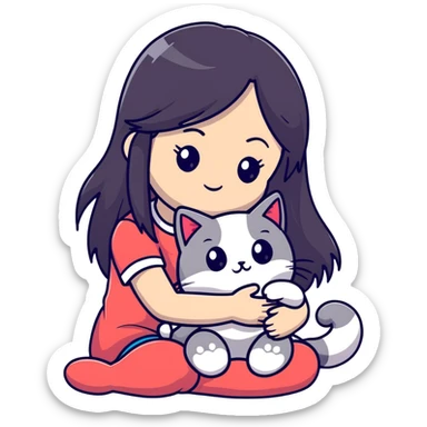 Girl with straight black long hair hugging a colorpoint ragdoll plush toy and a tricolor long-haired cat sticker