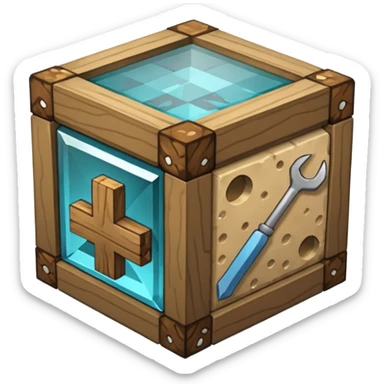 crafting table with tools like a minecraft style cube crafting table 100% like a minecraft table crafting, with on the right, left, a glass showing crafting merging between stone and wood sticker