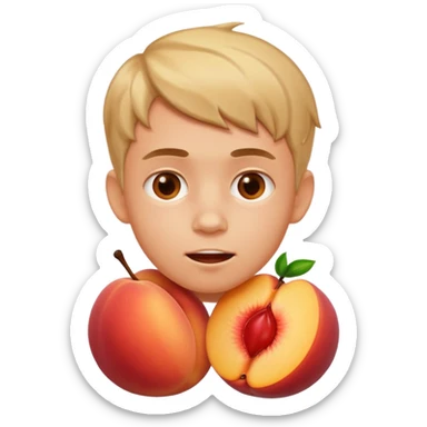 Boy with his face stuck in a juicy peach sticker