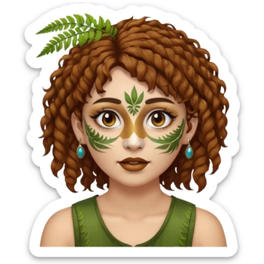 portrait woman short curly brown mullet hair brown eyes white skin with fern face paint and nose ring sticker
