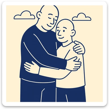 two bald men of different heights hugging, modern flat illustration sticker