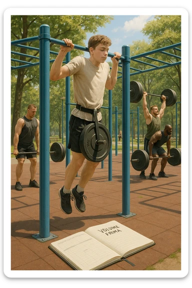 Atleta neofita giovane in un parco attrezzato per streetlifting, fisico ancora in fase iniziale. È intento a eseguire molte ripetizioni di esercizi a corpo libero con pesi leggeri (zavorra moderata), come trazioni e dip su parallele. Accanto a lui un taccuino di allenamento con la scritta 'Volume Prima'. L’atmosfera è luminosa e motivante, con altri atleti più muscolosi che sollevano carichi pesanti, ma lui è concentrato sul gesto tecnico e sulla costanza. Stile realistico, colori naturali, messaggio educativo su priorità all’adattamento progressivo e al volume. sticker