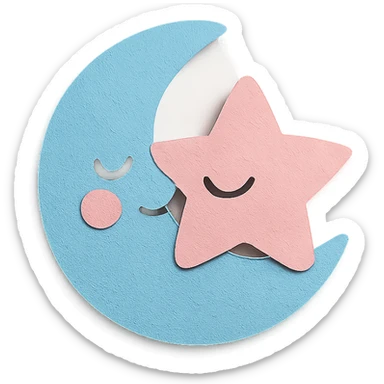 cute blue crescent moon hugging a pink star, soft pastel palette, no arms or legs, full body, paper craft style sticker
