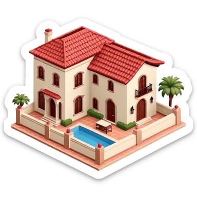 Spanish mansion, isometric dollhouse-style, realistic sticker