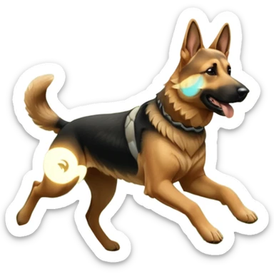 A German Shepherd running through a forest trail, showing strength and motion. Sunlight filtering through trees, dynamic action shot, detailed fur texture. sticker
