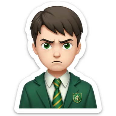 Upset angry teenage boy with scowling face wearing green Slytherin Hogwarts uniform and tie sticker