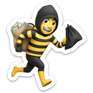 yellow thief running with bag of money, black and white striped clothes sticker