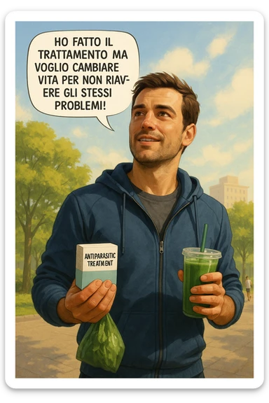A realistic, cinematic illustration of a man in his early 30s with a determined and hopeful expression, standing outside under a bright morning sky, holding a small box labeled 'Antiparasitic Treatment' in one hand, while in the other hand he holds a fresh green smoothie or a bag of vegetables. A speech bubble near him says: ‘Ho fatto il trattamento ma voglio cambiare vita per non riavere gli stessi problemi!’ The man is wearing casual but clean and sporty clothing, symbolizing a fresh start, with the background showing a city park with green trees, morning light, and people jogging, indicating a healthy lifestyle. The atmosphere is bright, uplifting, and motivating, clearly illustrating the transition from treatment to lifestyle change to prevent future health issues. The style is realistic with warm tones, showing positive energy and commitment to change in italiano sticker