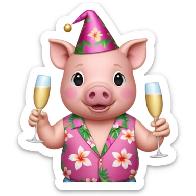 Pig with aloha shirt, birthday hat, champagne glass sticker