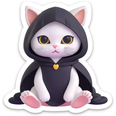 white baby cat wearing a black mini dress and black veil, sitting pose sticker