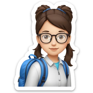 student brunet kid girl, ponytail wearing glasses with backpack sticker