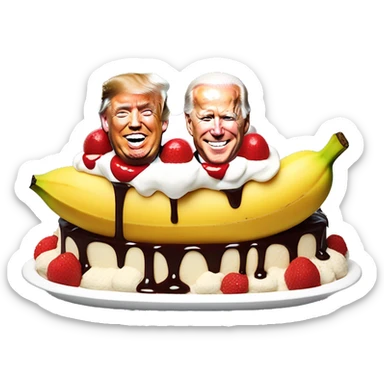 Donald Trump and Joe Biden sharing a giant banana split sundae sticker