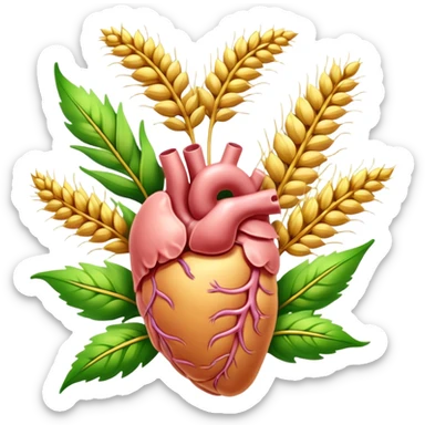 Human digestive system with esophagus, stomach, intestines, and colon, surrounded by golden wheat ears and green leaves, with glowing healing particles flowing through the digestive tract sticker