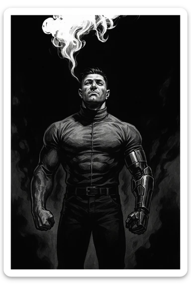 Black and white comic book panel of an extremely muscular Italian man with cybernetic implants standing in the dark, surrounded by smoke. He is wearing a long-sleeved shirt with a high collar, and his chest is sculpted. sticker