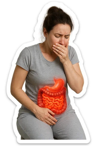 donna che ha post partum che soffre di nausea, intestino realistico in evidenza, iperrealistico, non disegnato sticker