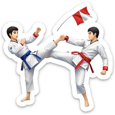 Two taekwondo fighters in a competition arena, one performing a high spinning kick towards the opponent’s head, while the other blocks with a precise guard. The background features a dynamic, bright arena with flags, emphasizing speed and agility in the martial art. Transparent background  sticker