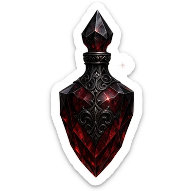luxurious crystal elixir bottle, gothic and edgy style, dark red color, ornate black and silver details, very sharp facets, extra magical glowing and sparkling effects, very small neck, seamless bottom, transparent background, bottle clearly floating in air, no base or shadow, modern, collection style sticker