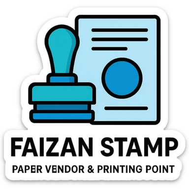 logo for 'Faizan Stamp Paper Vendor & Printing Point', modern stamp and paper icon, professional and clean, blue and black color scheme, suitable for a printing business sticker