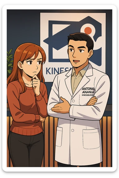 su questo stile fai un manga/webtoon a colori in cui una donna SI TOCCA IL MENTO CON L'INDICE MENTRE ASCOLTA PENSIEROSA L'UOMO, l'uomo della foto in stile manga LE SPIEGA CHE DEVE PROVARE LA SUA VALUTAZIONE MEDICA, mantieni un ambiente simile alla foto che ho allegato con il suo logo (sarebbe il suo studio, lui è un kinesiologo), scrivigli "ANTONIO ANANIA" sul camice bianco, non mettere fumetti, ma fai in modo che sembri che la donna ASCOLTI l'uomo sticker