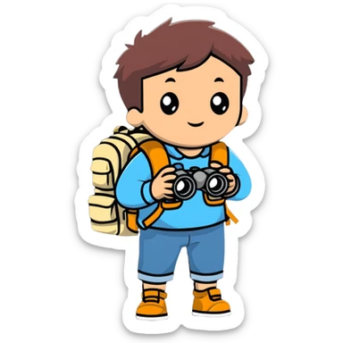 young explorer kid with backpack and binoculars sticker
