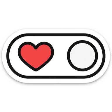 minimalist toggle switch on white background with a large bright red heart on the left and a light gray circle on the right representing the movable part of the switch in off position, rounded shapes, sober colors except vivid red heart, clean and modern design sticker