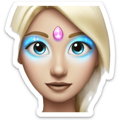 magical diva with thin pink andromedan face long blonde hair and blue eyes glowing third eye sticker