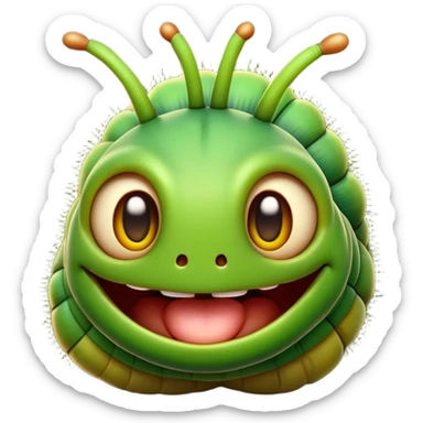 Cinematic Realistic Comical Caterpillar Portrait Emoji, Head tilted dramatically with an exaggeratedly amused expression, featuring a strikingly detailed segmented body in vibrant green with bold natural banding and wide, expressive eyes full of playful disbelief, rendered with lifelike texture and vivid natural colors, high shine, dramatic yet playful, styled with an air of cheeky garden mischief, soft glowing outline, capturing the essence of a spirited and over‐the‐top caterpillar that looks ready to wiggle its way into viral fame! sticker