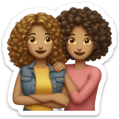 two friends girls with curly hair hugging sticker