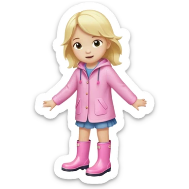 Blonde little girl in light pink rain boots splashing in a puddle sticker