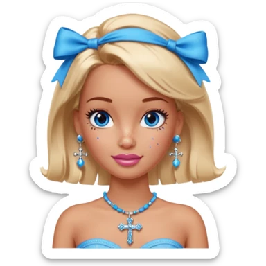 Barbie emoji with earrings and nose piercings and a cross necklace and blue eyes with bow in hair and tube top and long lashes with freckles  sticker